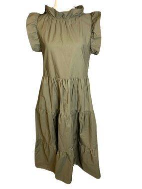 Chepe Italy Women’s Small Olive Green 100% Cotton Tiered Midi Dress Cottagecore